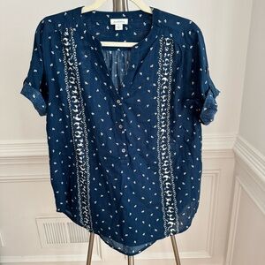Sundance Top Navy Blue Boho Peasant Popover Blouse Cotton Size Small